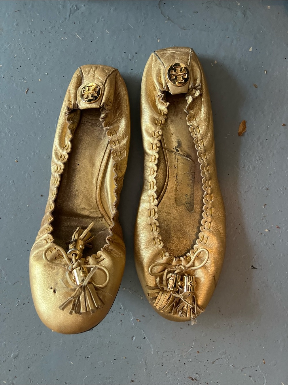 Tory Burch Metallic Gold Leather Tassel Ballet Flats
